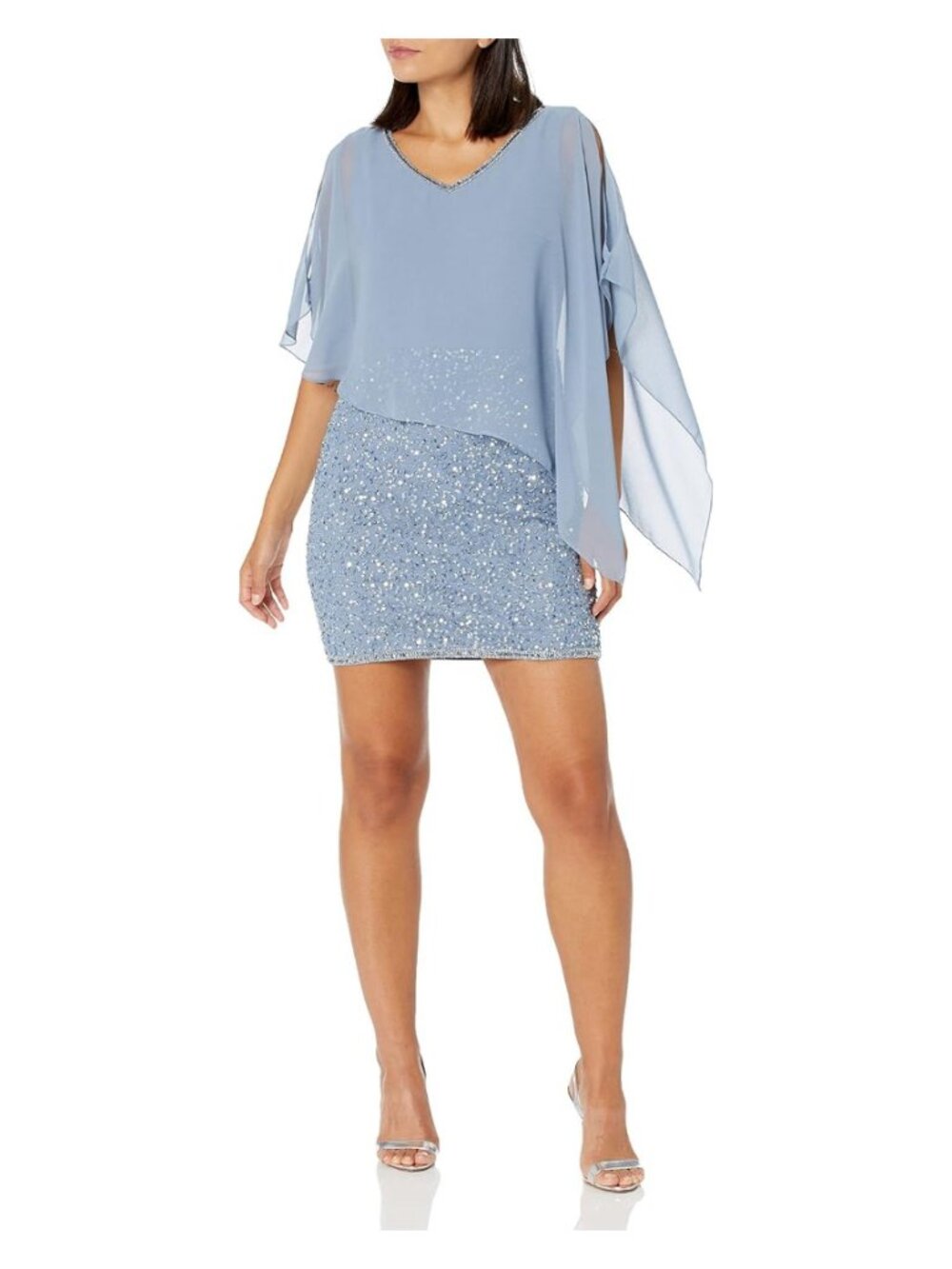 ✨ J Kara Women’s Petite Beaded Caplet Cocktail Dress  8 Dusty Blue/Silver NWT